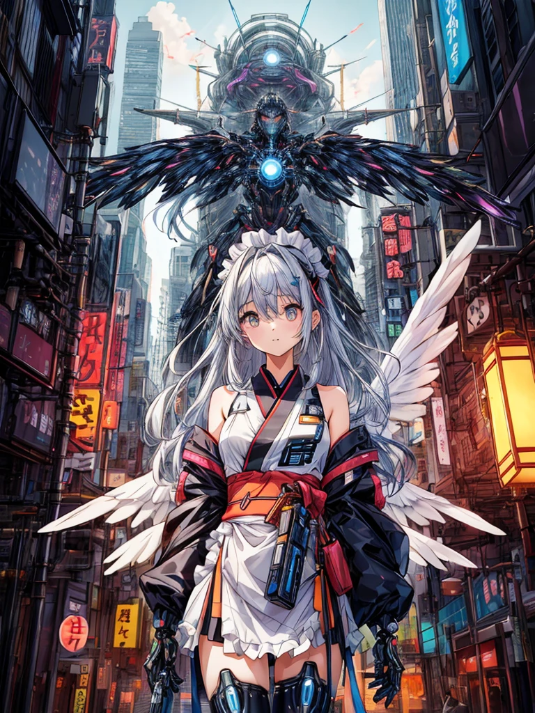 top-quality、ighly detailed、​masterpiece、ultra-detailliert、illustratio、((1girl in))、silber hair、length hair、Floating hair、、Cyber City、Neon building、(The upper part of the body:1.05)、extremely_Detailed_Eyes_And_Face,cybernetic wings mechanical wings、Random posture、Skyscraper、、Mechumusume、shrine maiden clothe,maid clothes、Random angles、anime styled,cowboy  shot