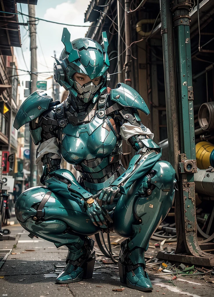 Textured skin, Super Detail, high details, High quality, Best Quality, hight resolution, 1080p, hard disk, Beautiful,(War Machine),Beautiful cyborg middle aged woman,Mecha Cyborg Girl,(dark green armor)((Major damage)),Woman with mechanical body、She wears a futuristic war machine weapon mech,Fulll body Shot、full face helmet(Only eyes(crouching down:1.4), heels on the ground, slightly spread legs, Squat with your knees raised, It feels like my butt is on the ground.)、Erotic look、Very sweaty face、cute little、a gas mask(The nozzle extends all the way)、、(look from down)Smoke from the mouth、The  is visible、Full of wounds all over the body、The whole body is battered.、Smoke comes from the whole body((Deep cracks all over the body)),
