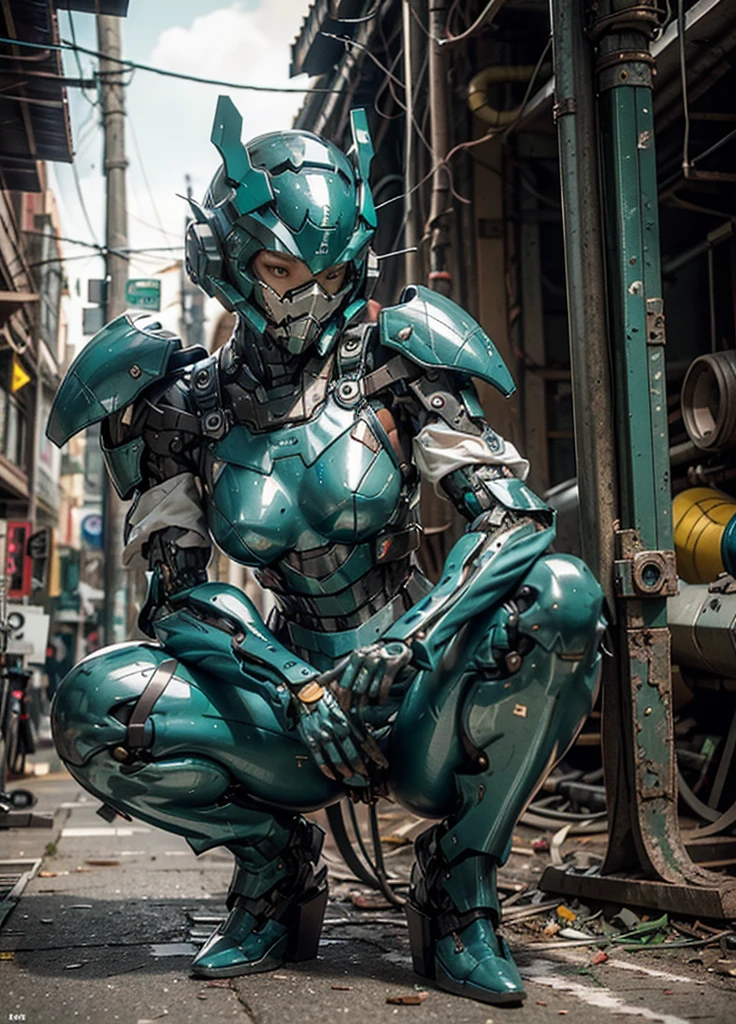 peau texturée, Super détail, détails élevés, Haute qualité, Meilleure qualité, haute résolution, 1080P, disque dur, Beau,(machine de guerre),Beau cyborg middle aged woman,Mecha Cyborg Fille,(Armure vert foncé)((Dommages majeurs)),Femme au corps mécanique、Elle porte une machine-arme de guerre futuriste,Prise de vue sur tout le corps、Casque intégral(Seulement les yeux(accroupi:1.4), talons au sol, jambes légèrement écartées, Accroupissez-vous avec les genoux relevés, J&#39;ai l&#39;impression que mes fesses touchent le sol.)、look érotique、Visage très moite、mignon petit、un masque à gaz(La buse s&#39;étend jusqu&#39;au bout)、、(regarde d&#39;en bas)Fumée de la bouche、Le est visible、Plein de blessures sur tout le corps、Tout le corps est battu.、La fumée vient de tout le corps((Des fissures profondes sur tout le corps)),