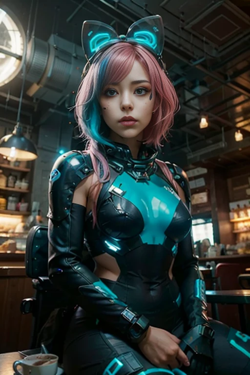 A photo of a young pretty, nerdy woman sitting in a cafe, wearing a white shirt and a bow, surrounded by a cozy lofi atmosphere, looking at the viewer. Short Pink Hair, Stunning Glow Lite Blue Eyes, Amazing beautiful shining hitech astropunk helmet with a big faceshield like an ultimate astronaut, cinematic lut colors, stunning masterpiece of photography, Traditional Cyberbodies, Realistic,DERPD, Science-Fiction, serie-b movie scene. blacklights fluorescent colors, neon-noir ascents, contrasting lsd colors, blue theme