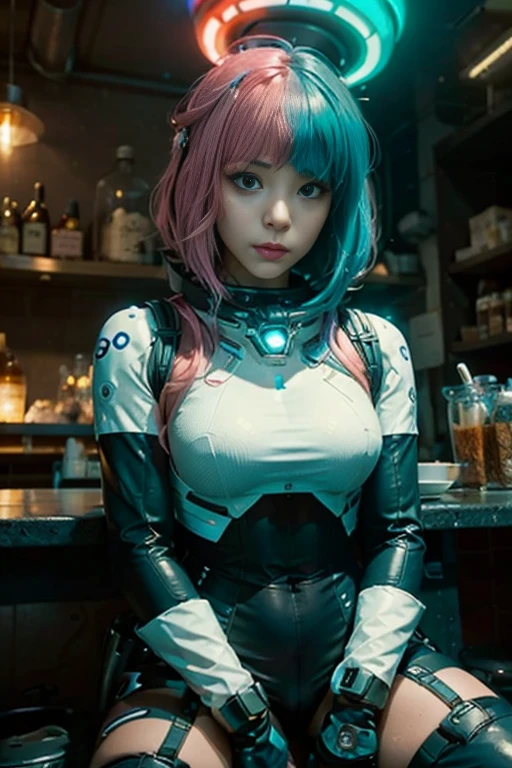 A photo of a young pretty, nerdy woman sitting in a cafe, wearing a white shirt and a bow, surrounded by a cozy lofi atmosphere, looking at the viewer. Short Pink Hair, Stunning Glow Lite Blue Eyes, Amazing beautiful shining hitech astropunk helmet with a big faceshield like an ultimate astronaut, cinematic lut colors, stunning masterpiece of photography, Traditional Cyberbodies, Realistic,DERPD, Science-Fiction, serie-b movie scene. blacklights fluorescent colors, neon-noir ascents, contrasting lsd colors, blue theme