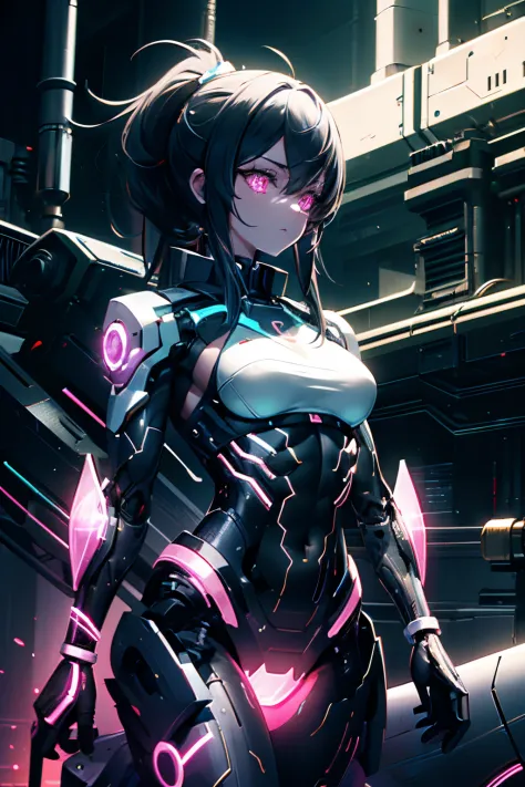 Muscular girl, robot, glowing eyes, black and pink glow