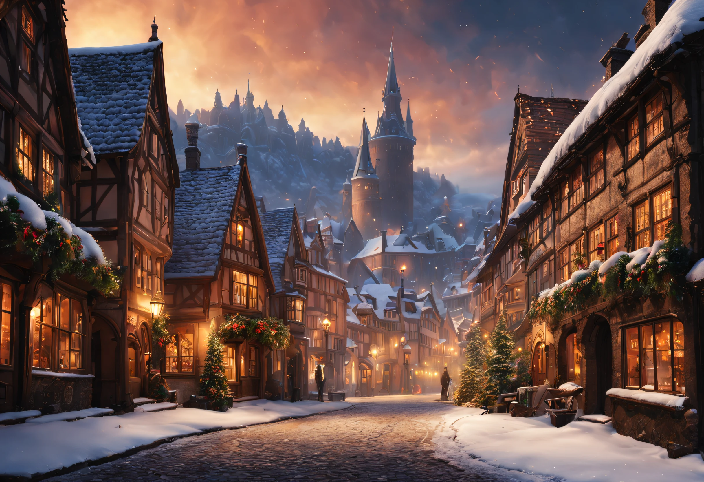 (best quality,4k,8k,highres,masterpiece:1.2),ultra-detailed,realistic, snowy medieval town, charming architecture, cobblestone streets, towering castle, smoke billowing from chimneys, icicles hanging from rooftops, snow-covered fir trees, flickering lanterns, snowflakes gently falling, cozy atmosphere, historical charm, dimly lit alleys, warm glow of fireplaces, horse-drawn carriages passing by, distant sound of bells, hints of a bustling marketplace, cloaked figures walking through snow, peaceful and magical ambiance, vibrant colors peeking through the snow, postcard-worthy scenery, serene winter landscape