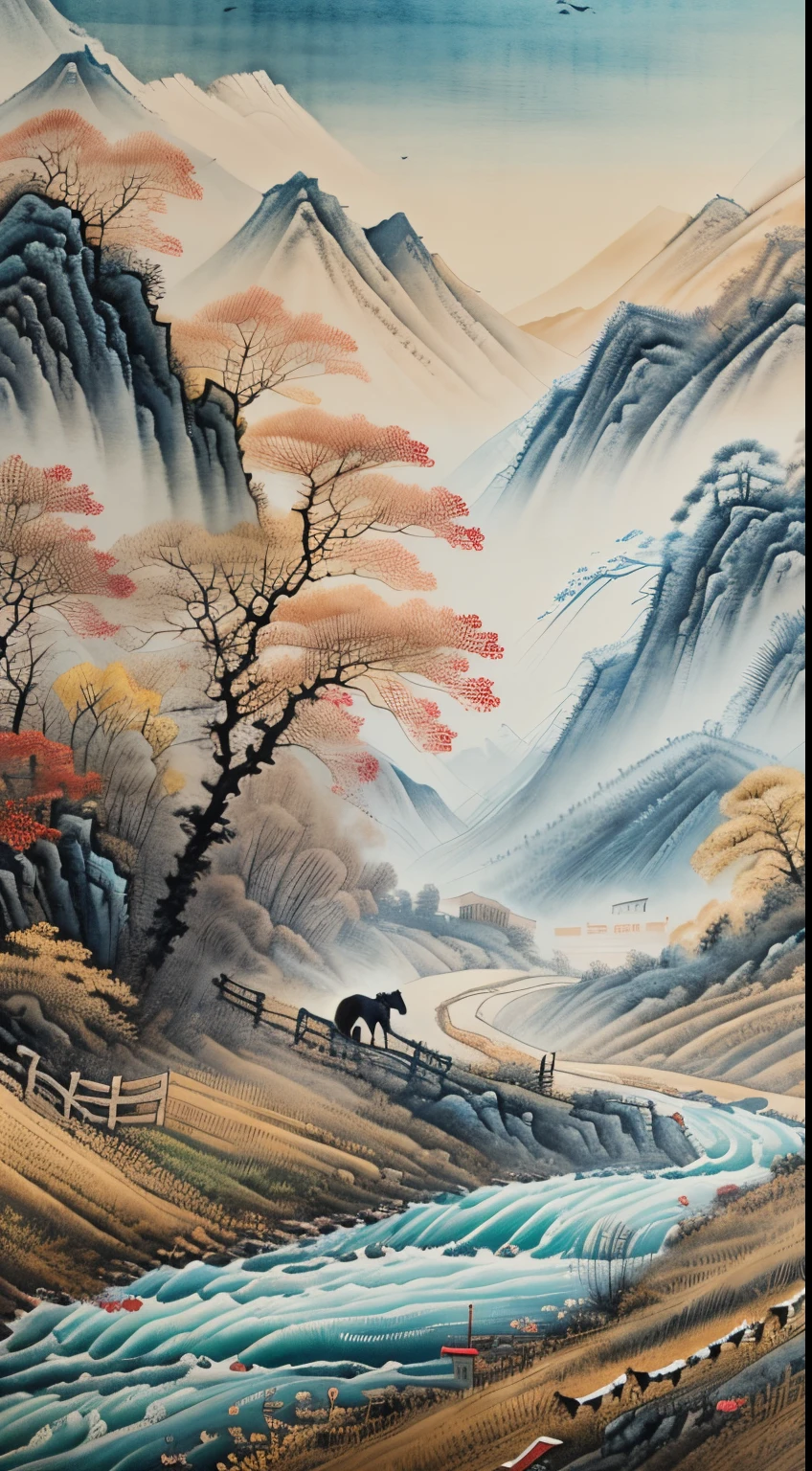 Сюй Бэйхун traditional Chinese painting，Живопись тушью и акварелью，(Лошадь бежит по полю:1.2)，(Детальная роспись двух лошадей，средний план, это сцена），поздняя осень，опавшие листья разбросаны，Быстрые реки，Вдалеке вид на холмистые горы и воду..，эскиз，（8к обои），（Сюй Бэйхун&#39;Уровень покраски），（tшедевр）