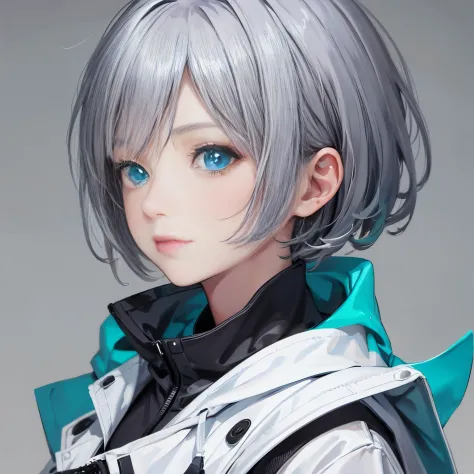 (masutepiece:1.2, best quality),  [1 girl in, expressioness, turquoise eyes, slate gray hair, half short hair,white jacket,jacke...