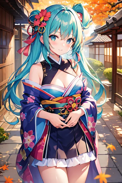 ​masterpiece、Top image quality、超A high resolution、miku hatsune、blue hairs、Twin-tailed、Blushing、Cute and shy、Kimono、firm breasts、...