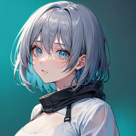 (masutepiece:1.2, best quality),  [1 girl in, expressioness, turquoise eyes, slate-gray hair, half short cut hair,white jacket,j...