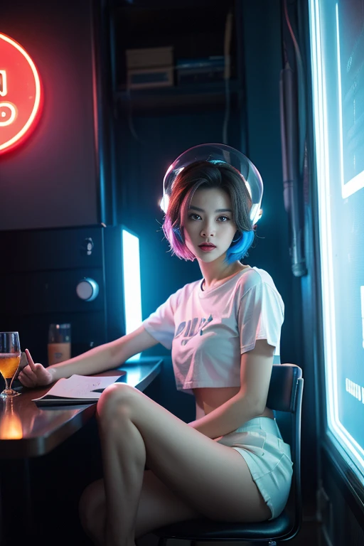 A photo of a young pretty, nerdy woman sitting in a cafe, wearing a white shirt and a bow, surrounded by a cozy lofi atmosphere, looking at the viewer. Short Pink Hair, Stunning Glow Lite Blue Eyes, Amazing beautiful shining hitech astropunk helmet with a big faceshield like an ultimate astronaut, cinematic lut colors, stunning masterpiece of photography, Traditional Cyberbodies, Realistic,DERPD, Science-Fiction, serie-b movie scene. blacklights fluorescent colors, neon-noir ascents, contrasting lsd colors, blue theme