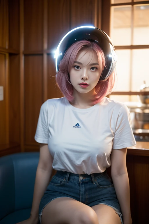 A photo of a young pretty, nerdy woman sitting in a cafe, wearing a white shirt and a bow, surrounded by a cozy lofi atmosphere, looking at the viewer. Short Pink Hair, Stunning Glow Lite Blue Eyes, Amazing beautiful shining hitech astropunk helmet with a big faceshield like an ultimate astronaut, cinematic lut colors, stunning masterpiece of photography, Traditional Cyberbodies, Realistic,DERPD, Science-Fiction, serie-b movie scene. blacklights fluorescent colors, neon-noir ascents, contrasting lsd colors, blue theme