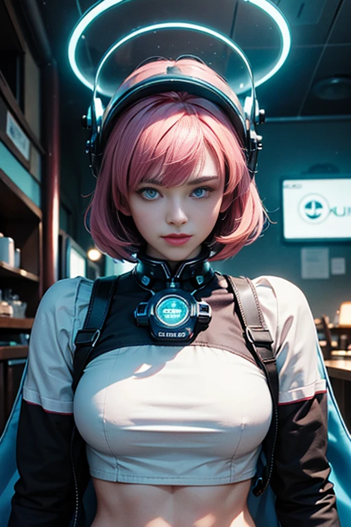 A photo of a young pretty, nerdy woman sitting in a cafe, wearing a white shirt and a bow, surrounded by a cozy lofi atmosphere, looking at the viewer. Short Pink Hair, Stunning Glow Lite Blue Eyes, Amazing beautiful shining hitech astropunk helmet with a big faceshield like an ultimate astronaut, cinematic lut colors, stunning masterpiece of photography, Traditional Cyberbodies, Realistic,DERPD, Science-Fiction, serie-b movie scene. blacklights fluorescent colors, neon-noir ascents, contrasting lsd colors, blue theme