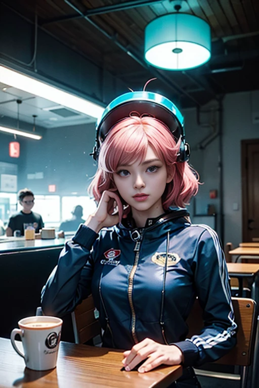 A photo of a young pretty, nerdy woman sitting in a cafe, wearing a white shirt and a bow, surrounded by a cozy lofi atmosphere, looking at the viewer. Short Pink Hair, Stunning Glow Lite Blue Eyes, Amazing beautiful shining hitech astropunk helmet with a big faceshield like an ultimate astronaut, cinematic lut colors, stunning masterpiece of photography, Traditional Cyberbodies, Realistic,DERPD, Science-Fiction, serie-b movie scene. blacklights fluorescent colors, neon-noir ascents, contrasting lsd colors, blue theme