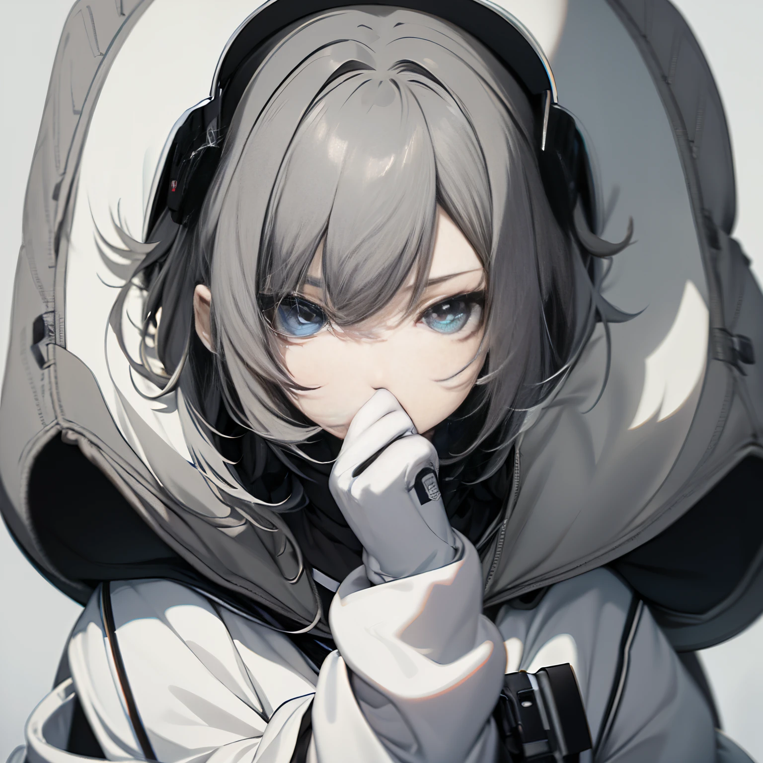 (masutepiece:1.2, Best Quality),  [1 girl in, expressioness, Turquoise eyes, slate gray hair, half short hair,White jacket,Jacket is taken off, ] (Gray white background:1.2),