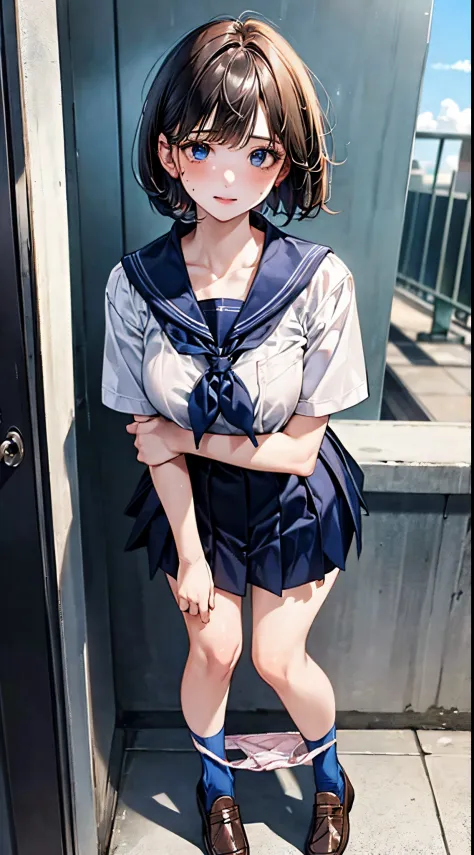 (((perfect anatomy, anatomically correct, super detailed skin))), ((panties pulled down)), 1 girl, japanese, high school girl, shiny skin, watching the viewer, 
beautiful hair, beautiful face, beautiful detailed eyes, (short hair:1.1, bob cut:1.2), dark blonde hair:1, blue eyes, babyface, mole under eye, 
beautiful clavicle, beautiful body, beautiful breasts, large breasts:0.5, beautiful thighs, beautiful legs, 
((short sleeves, all dark blue cute sailor suit, dark blue pleated skirt, dark blue sailor collar, sailor scarf, socks, brown loafers)), seductive thighs, (red slave collar), 
((, ashamed, , , )), standing, 
(beautiful scenery), summer, school rooftop, building, chain-link fence, 
8k, top quality, masterpiece​:1.2, extremely detailed), (photorealistic), beautiful illustration, natural lighting, ,