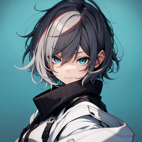 (masutepiece:1.2, best quality),  [1 girl in, expressioness, turquoise eyes, slate gray hair, half short hair,white jacket,jacke...