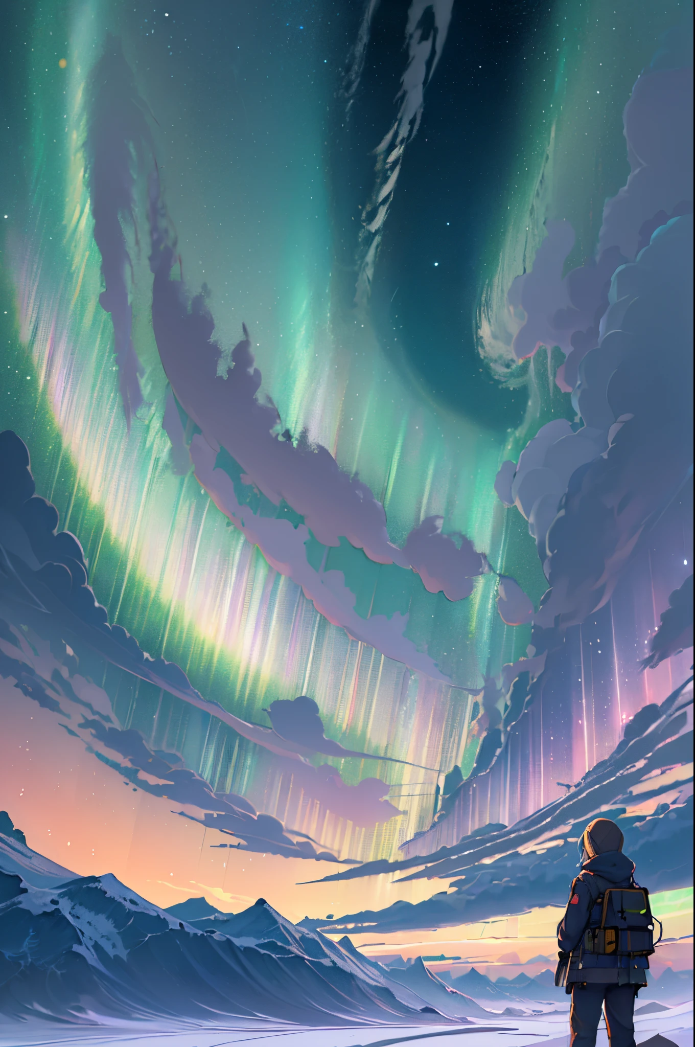mesa、Una chica、Equipo de invierno、base antártica、Mirando hacia la aurora boreal
