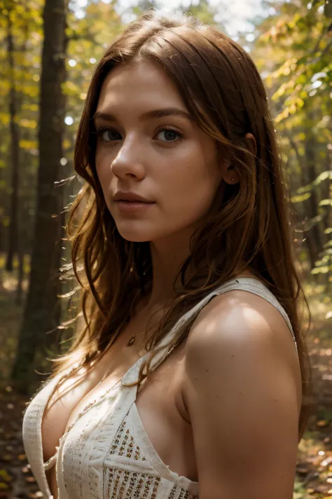 Bright, strawberry blonde-haired, with freckles. The sun, the autumn forest, fantastic beauty. Curls. wearing a boho summer dress Ultra-detailed dreamlike, photography  8K resolution image, translucent and ethereal.