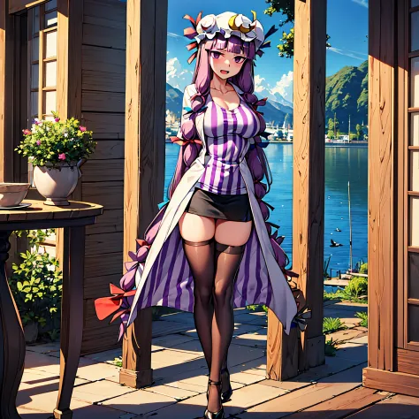 (solo patchouli standing with open thin legs wide:1.8), (open slim thighs:1.5), solo, (standing at lakeside forest:2.0), break, ...