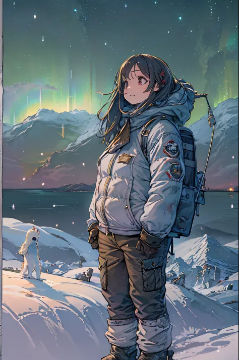masutepiece、One girl、Winter gear、Antarctic base、Looking up at the Northern Lights、bbw