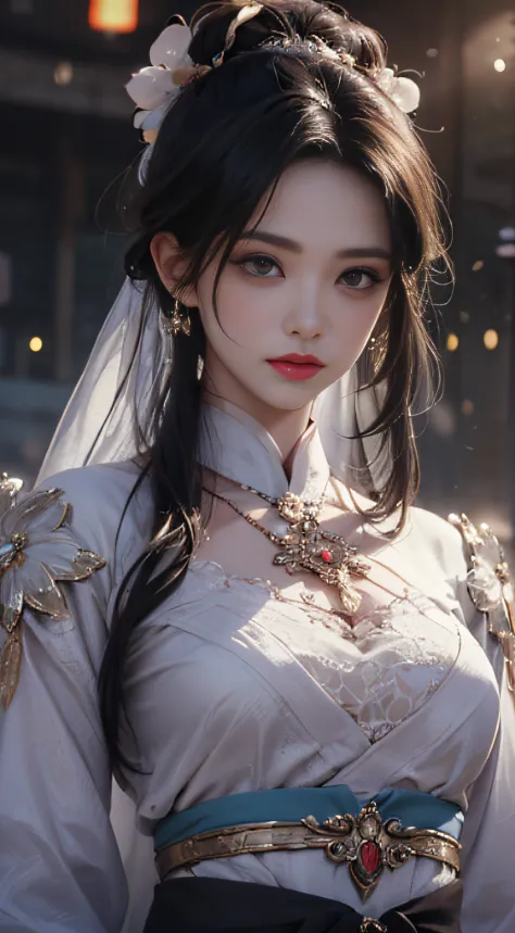 1 beauty in hanfu, the white thin purple silk shirt is very textured, white lace top, purple platinum long ponytail, jewely, ear...