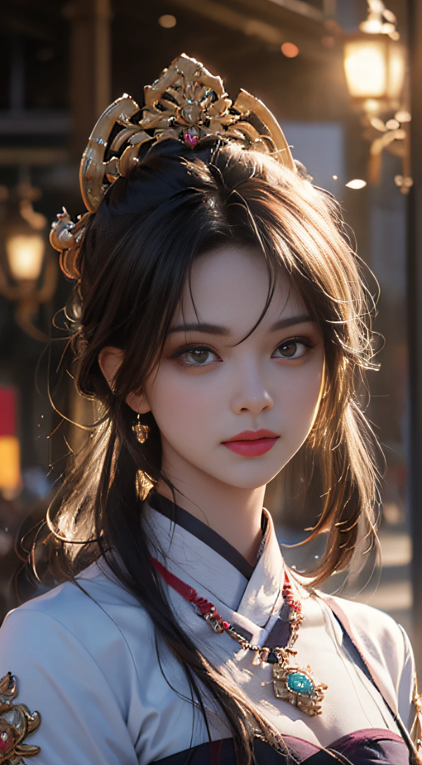 1 Beauté à Hanfu, La chemise fine en soie violette blanche est très texturée, haut en dentelle blanche, Queue de cheval longue platine violet, bijoux, bijoux d&#39;oreille, collier et collier, grands yeux violets méticuleusement dessinés, Soyez prudent avec le maquillage, sourcils fins, un nez haut, belles lèvres rouges, aucun sourire, Bouder tes lèvres, Visage rouge flottant, Un grand coeur, , proportionné, taille fine, Chaussettes résille violettes, Style chinois hanfu, texture artistique fictive, couleurs vives、de façon réaliste, Photos brutes, photographie de-réaliste, photos surréalistes 8k de très haute qualité, (effet de lumière fantastique efficace: 1.8), 10x pixels, effet magique (Fond avec): 1.8), yeux ultra détaillés, portrait complet du corps d&#39;une jeune fille , Origine royale chinoise