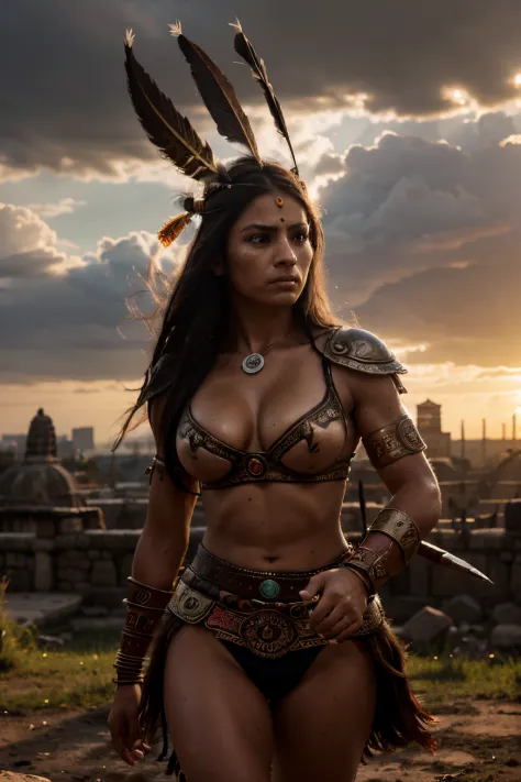 (best quality,4k,8k,highres,masterpiece:1.2),ultra-detailed,realistic,portrait,dark lighting,intense expressions,ancient warriors,brave and fierce,courageous,traditional Aztec costumes and ornaments,elaborate headdresses,feathers and feathers headpiece,war...