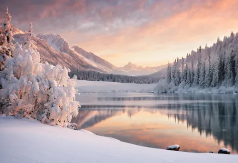 winter:1.1,landscape:1.1,stunning,detailed snow-covered mountains,glistening icy lake,frosty trees,breathtaking sunset,hazy winter sky,subtle color palette,soft natural light,peaceful and serene atmosphere,silence and tranquility,majestic and awe-inspiring...