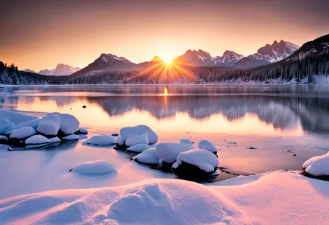 winter:1.1,landscape:1.1,stunning,detailed snow-covered mountains,glistening icy lake,frosty trees,breathtaking sunset,hazy winter sky,subtle color palette,soft natural light,peaceful and serene atmosphere,silence and tranquility,majestic and awe-inspiring...