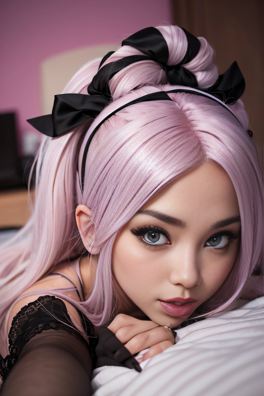 A close up of a woman with pink hair laying on a bed - SeaArt AI