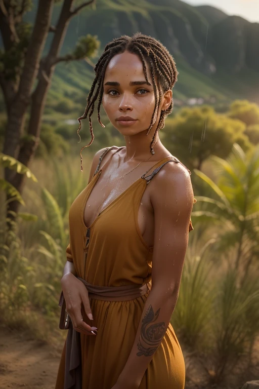 ((zoe kravitz)), ((she stands in the savannah under a tree)), threatening storm clouds in the background, ((it's raining)), ((wet clothing)), ((wet hair)), (wet body), (she wears an ochre-colored long dress), ((she has round breasts)), (small head), ((detailed face)), soft cinematic light, ((((Kino-Look)))), (photorealestic), (Raytracing), (keen focus), ((natural realistic skin texture)), detailed face, Detailed Lips, detailled eyes, Double eyelidd, (1 image), (1 Frau)