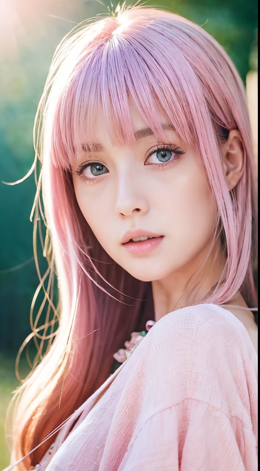（Takato Yamamoto style）（2-dimensional）（Flatten）1 girl in、A pink-haired、length hair、Pink eyes、Gradient eyes、Sparkling eyes、Bright pupils、finely eye、expressive eyes、pink  dress、jewely、Pink lighting、pink theme、（foam：1.5）、Abstract、best qualtiy、ultra-detailliert、