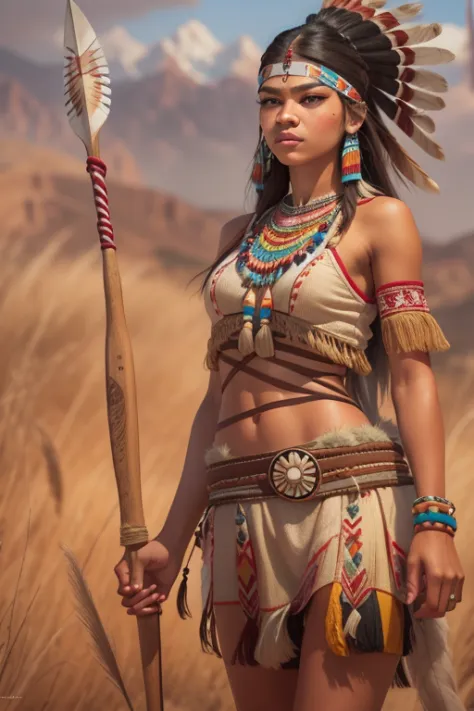 ((Zendaya is a native American woman)), ((who wears the typical clothes of a squaw)), (she stands on the prairie with a spear in...