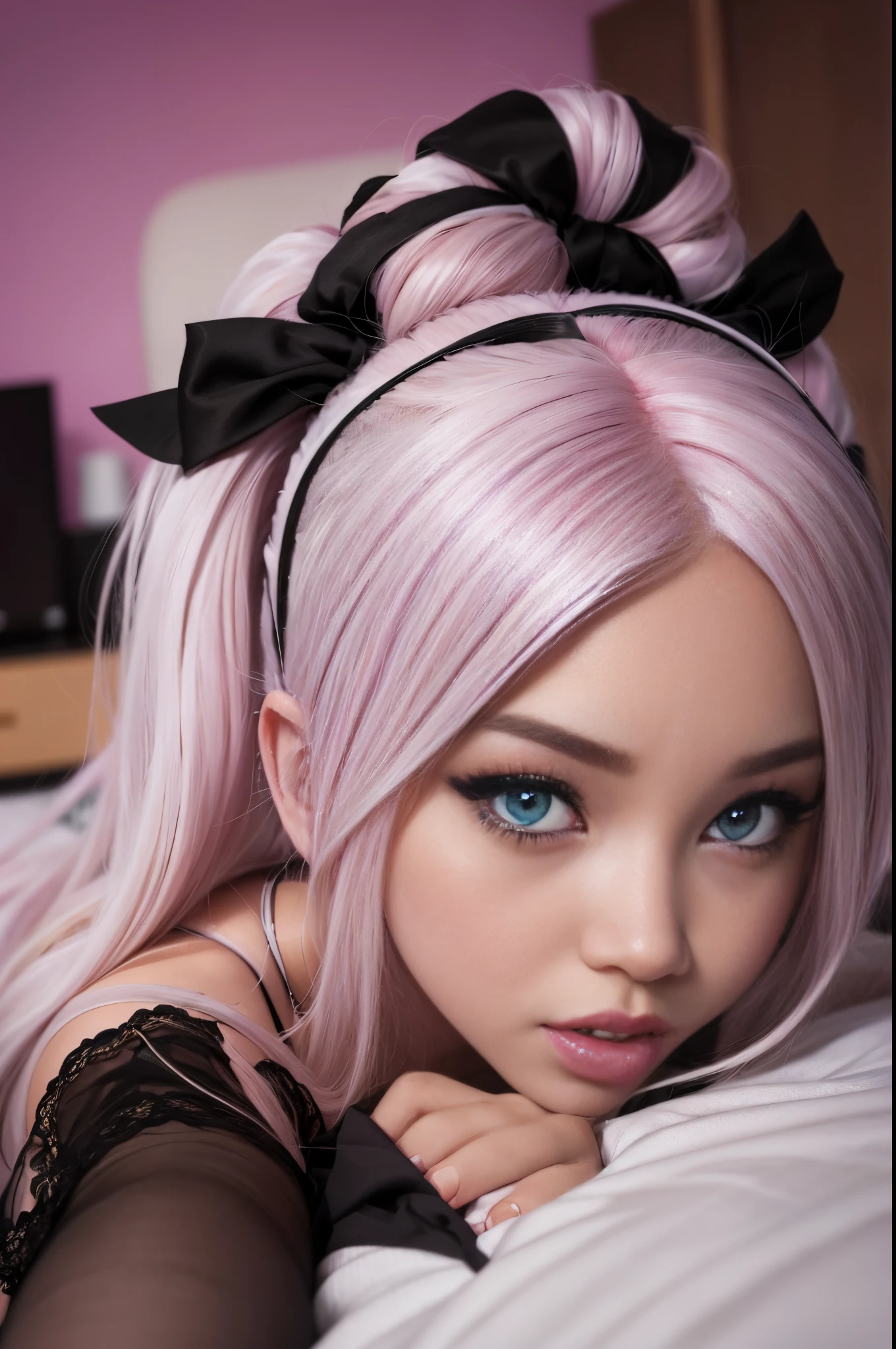 A close up of a doll with pink hair laying on a bed - SeaArt AI