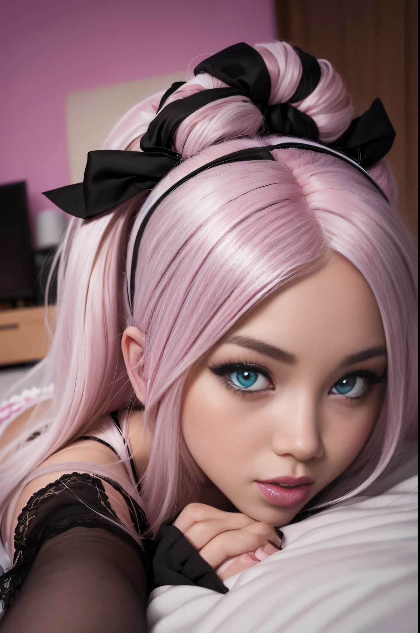 A close up of a woman with pink hair laying on a bed - SeaArt AI