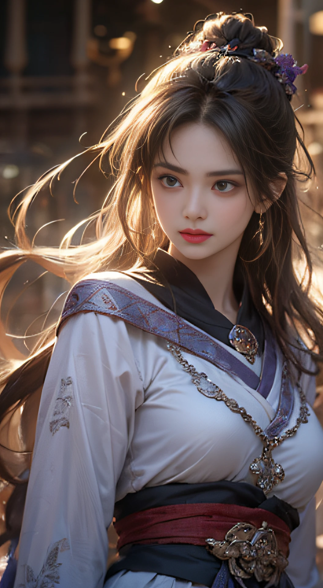 1 Beauté à Hanfu, La chemise fine en soie violette blanche est très texturée, haut en dentelle blanche, Queue de cheval longue platine violet, bijoux, bijoux d&#39;oreille, collier et collier, grands yeux violets méticuleusement dessinés, Soyez prudent avec le maquillage, sourcils fins, un nez haut, belles lèvres rouges, aucun sourire, Bouder tes lèvres, Visage rouge flottant, Un grand coeur, , proportionné, taille fine, Chaussettes résille violettes, Style chinois hanfu, texture artistique fictive, couleurs vives、de façon réaliste, Photos brutes, photographie de-réaliste, photos surréalistes 8k de très haute qualité, (effet de lumière fantastique efficace: 1.8), 10x pixels, effet magique (Fond avec): 1.8), yeux ultra détaillés, portrait complet du corps d&#39;une jeune fille , Origine royale chinoise