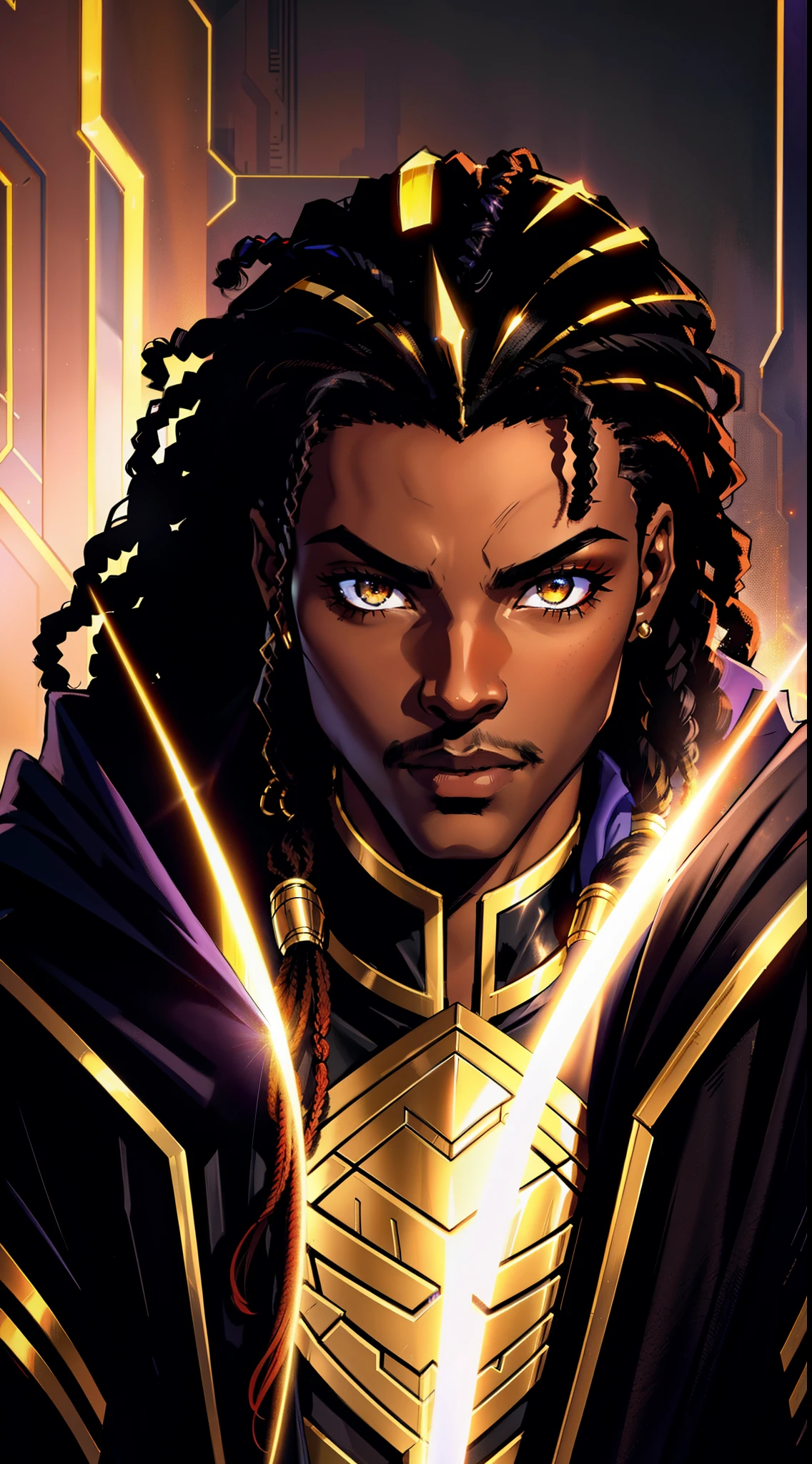 (Concept Art) of an (African-American) male, with dark (black dreadlocks), golden eyes, (prince), (young) assassin, (black) sith robes, (half-demon), Anti-hero), (Mage) assassin, (Sci-fi) fantasy, (close-up shot), perfect composition, hyper-detailed, 8K, high quality, (perfect eyes), trending art, sharp focus, studio photo, intricate details, (action) pose