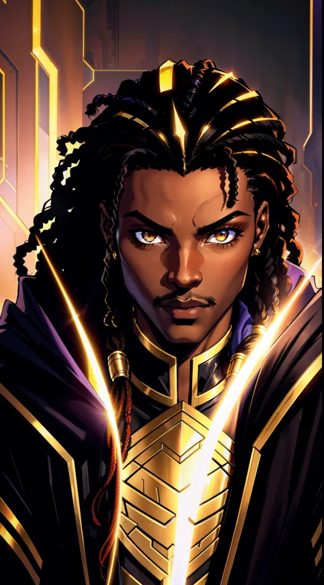 (Concept Art) of an (African-American) male, with dark (black dreadlocks), golden eyes, (prince), (young) assassin, (black) sith...