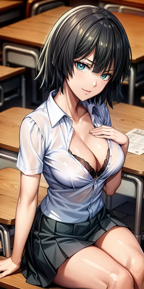 Anime style, Painting, absurderes、perfect anatomia、Fubuki , bra very、Bra visible from clothes、Braline、breastsout、long hair, ‎Classroom、cleavage of the breast、鎖骨、desk、From above、medium breasts, on desk, pleatedskirt, School Desk, student clothes, see -throu...