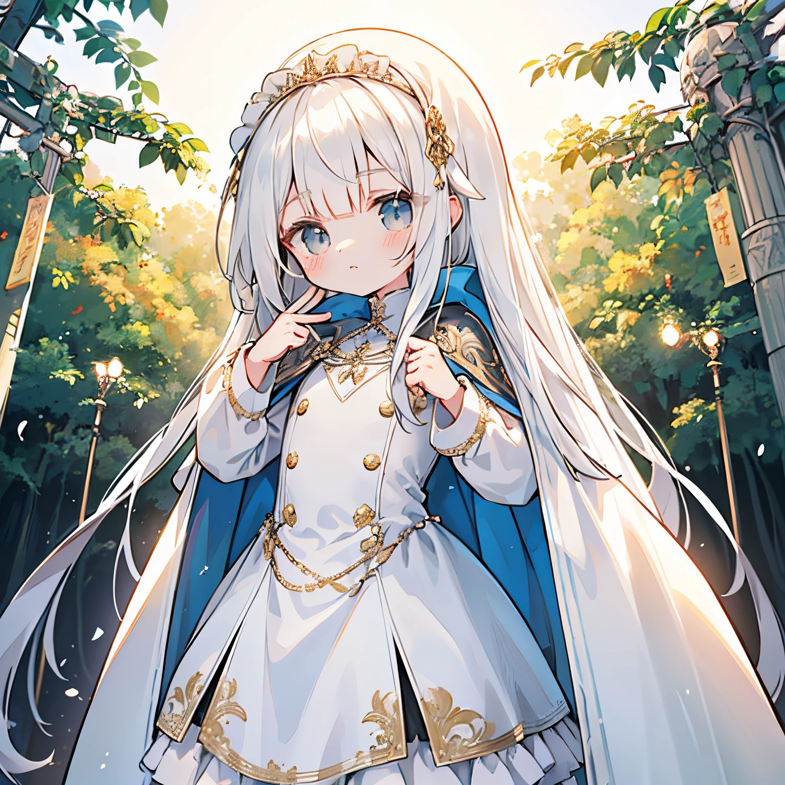 8k, (masutepiece), (High resolution), (Dramatic), (Natural light), (petite), 1 girl, young, Baby face, flat chest, , White hair, Long hair, (straight hair skin)), Beautiful hair, White clothes, Dress, Long bangs, ((cape)), White skirt, (military uniform)