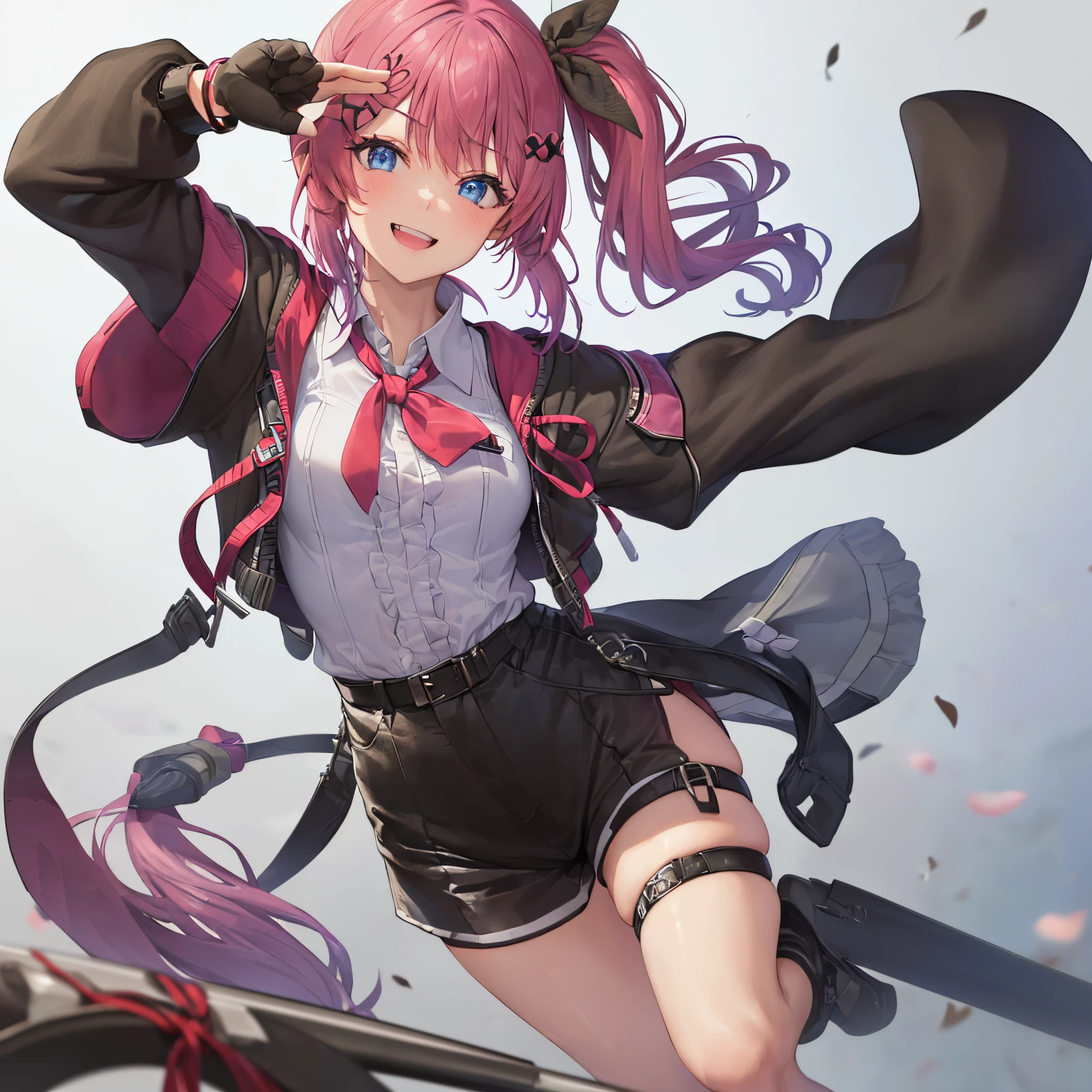 1girl, (masterpiece),(ultra-detailed),(best quality), (beautiful detailed shiny eyes:1.1), (highlight in eyes:1.2), (high saturation:1.1), colorful,  sui1,  solo, side ponytail, Kuramochi Meruto, fingerless gloves, single thighhigh, jewelry, single sock, thigh strap, bracelet, black pantyhose, buttons, plaid dress, pink choker, black belt, plaid skirt, mini crown, grey skirt, blue ascot, long sleeves, plaid jacket, naughty smile,  (white background:1.3),   hand to own mouth,