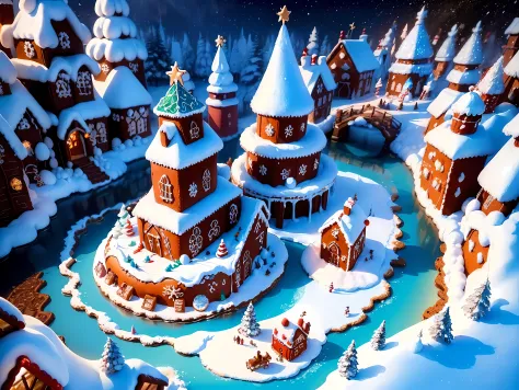 (epic cartoon drawing:1.3), breathtaking winter (wonderland) where the ((landscape is made entirely of cookies)), towering cooki...