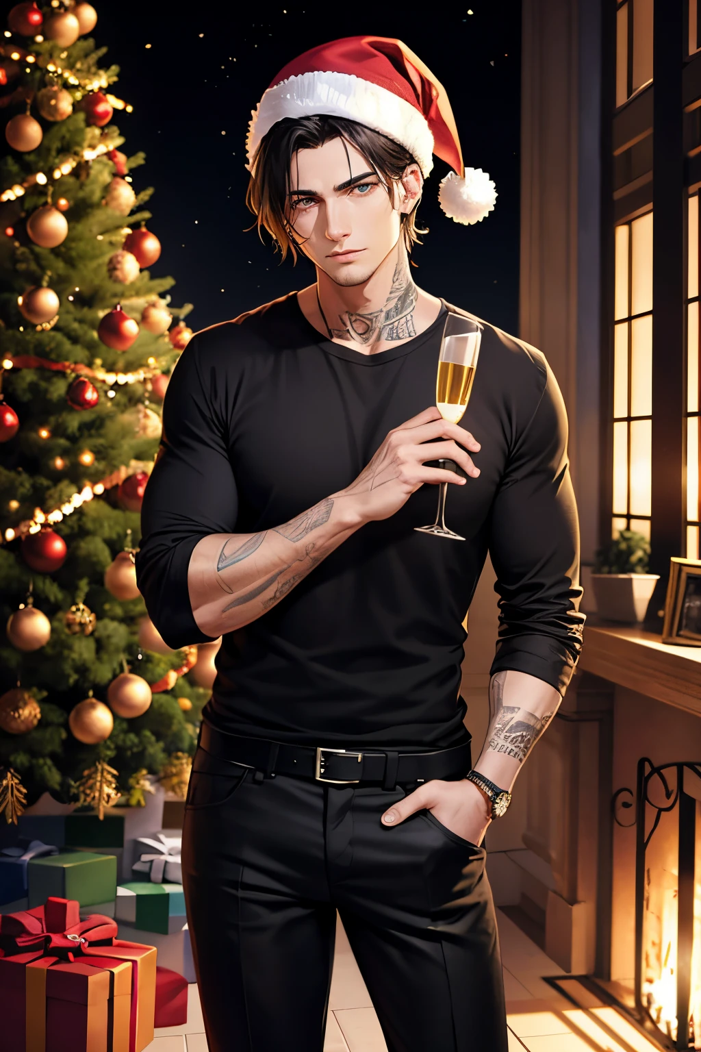 homem de cabelos e olhos pretos, wearing a black shirt with the sleeves rolled up and black pants, a red Santa Claus hat on his head, The man is standing in the middle of a bright white hall richly decorated for Christmas, a Christmas tree in the background, he holds a glass of champagne with a seductive look, tattoos appear on the arms after the shirt