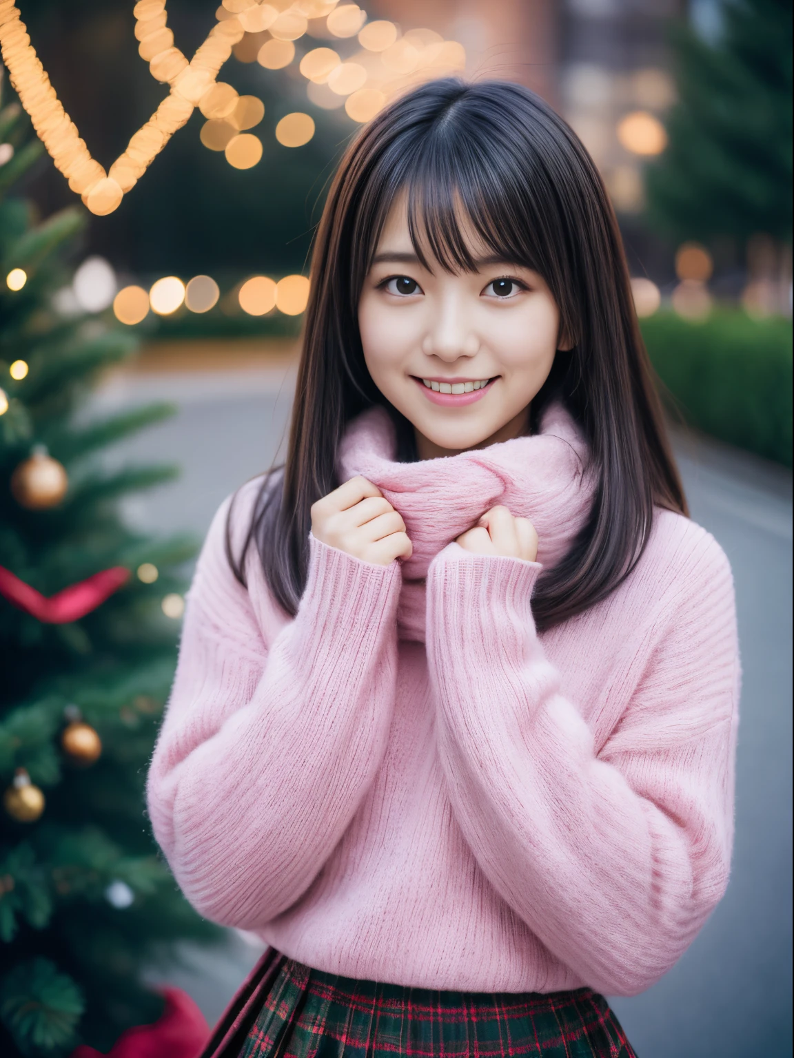 1 女孩在, 21歲、日本凹版模特, (可愛的小, 一個美麗的女孩,輪廓:1.2),簡介1.1、謙虛大,  𝓡𝓸𝓶𝓪𝓷𝓽𝓲𝓬,(美麗的聖誕夜景和雪:1.2), (抬頭看那棵大聖誕樹:1.5)、(擁有美麗聖誕燈飾的夜鎮:1.2), (蓬鬆的粉紅色羊毛毛衣:1.2),  紅領巾, (綠色格子百褶裙),   一個黑髮的、祈禱、一個微笑、 最好的品質, 高解析度, 細緻的肌膚, 詳細的臉部和眼睛, 高解析度, 自然採光, 完美的解剖結構, 基於物理的渲染, 逼真的, 對稱清晰的眼睛, 精心修飾的臉,十幾歲的女孩, 完美身材, 透明度, 擺出凹版偶像,