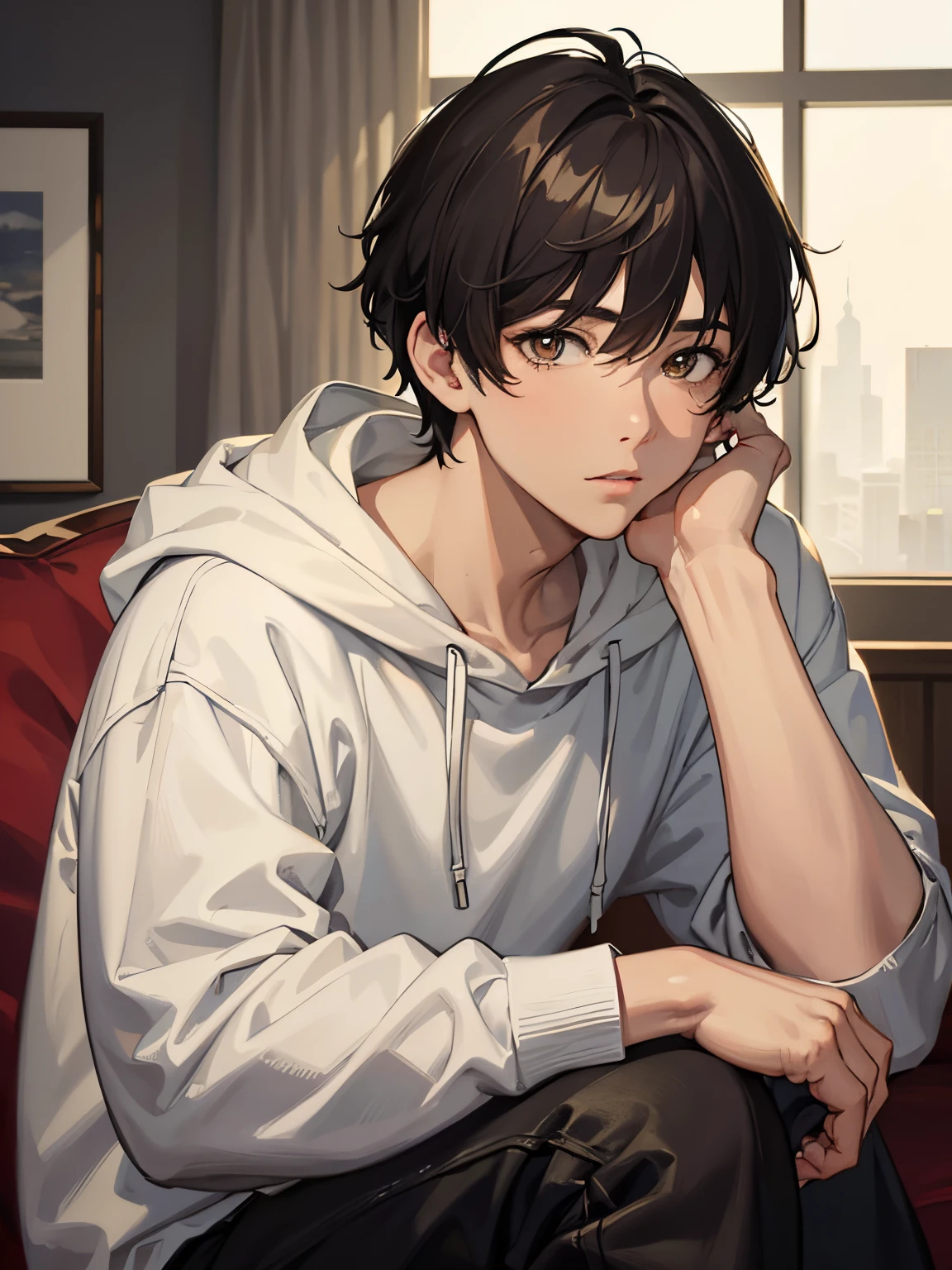 Anime boy sitting on a couch with his hand on his chin - SeaArt AI