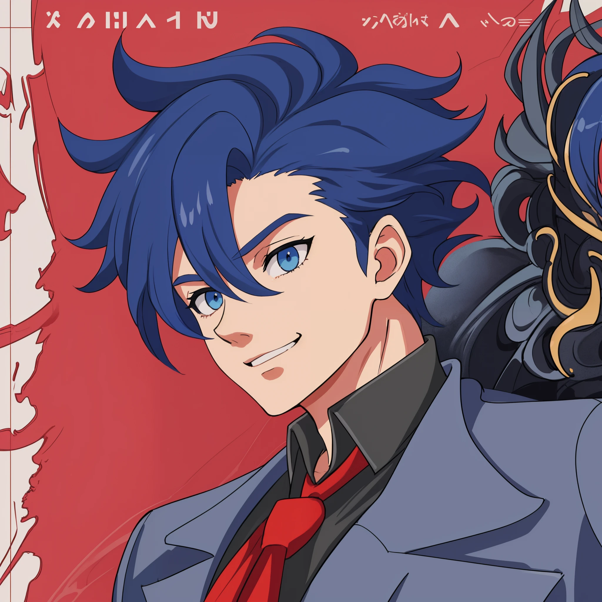 anime boy, dark blue hair, blue eyes, red suit, a drawing of a man in a suit and tie, young man, masterpiece, (beautiful and aesthetic:1. 5), thick black lineart, clean lineart, perfect lineart, variable lineart, thick lineart, clean anime outlines, intense line art, bold lineart, sharp lineart, heavy lineart, line art, best quality, high quality, high details, super detail, anatomically correct, best quality, ultra-detailed, colourful, saturated colours, dynamic lighting, HD,