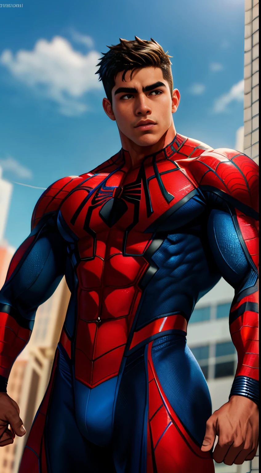 A close up of a man in a spider - man suit standing in front of a building  - SeaArt AI