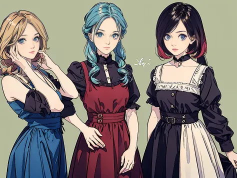 female twins, hairstyles different, hair colors different, eye colors different, outfits different,