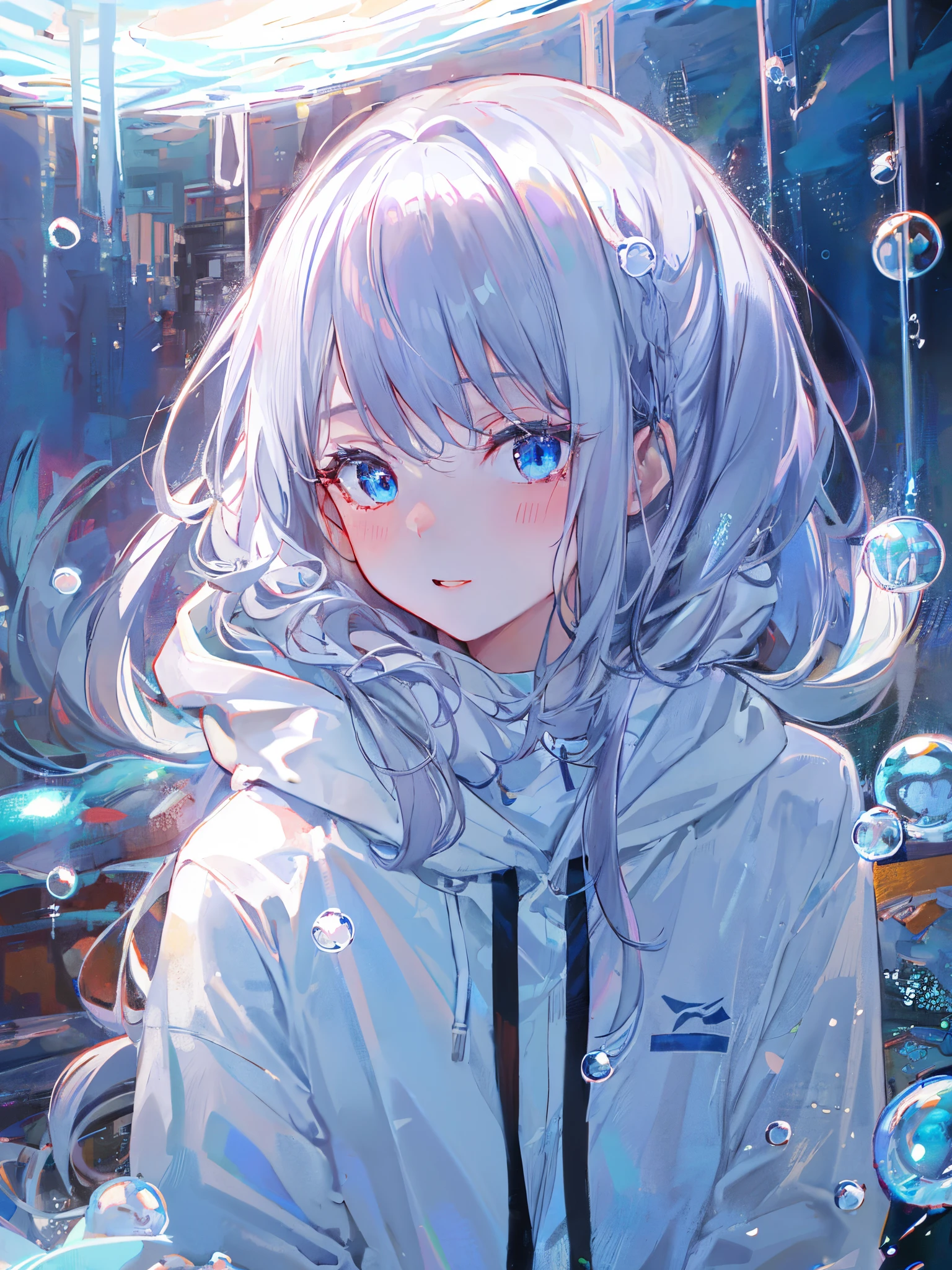 ((top-quality)), ((​masterpiece)), ((Ultra-detail)), (Extremely delicate and beautiful), girl with, solo, cold attitude,((White hoodie)),She is very(relax)with  the(Settled down)Looks,depth of fields,Evil smile,Bubble, under the water, Air bubble,Underwater world bright light blue eyes,inner color with bright gray hair and light blue tips,,,,,,,,,,,,,,,,,,,,,,,Cold background,Bob Hair - Linear Art, shortpants、knee high socks、White uniform like 、Light blue ribbon ties、Clothes are sheer、The hand in my right pocket is like a sapphire,Fronllesse Blue, A small blue light was floating、fantastic eyes、selfy,Self-shot、Bangs fall on the eyes, give a sexy impression.