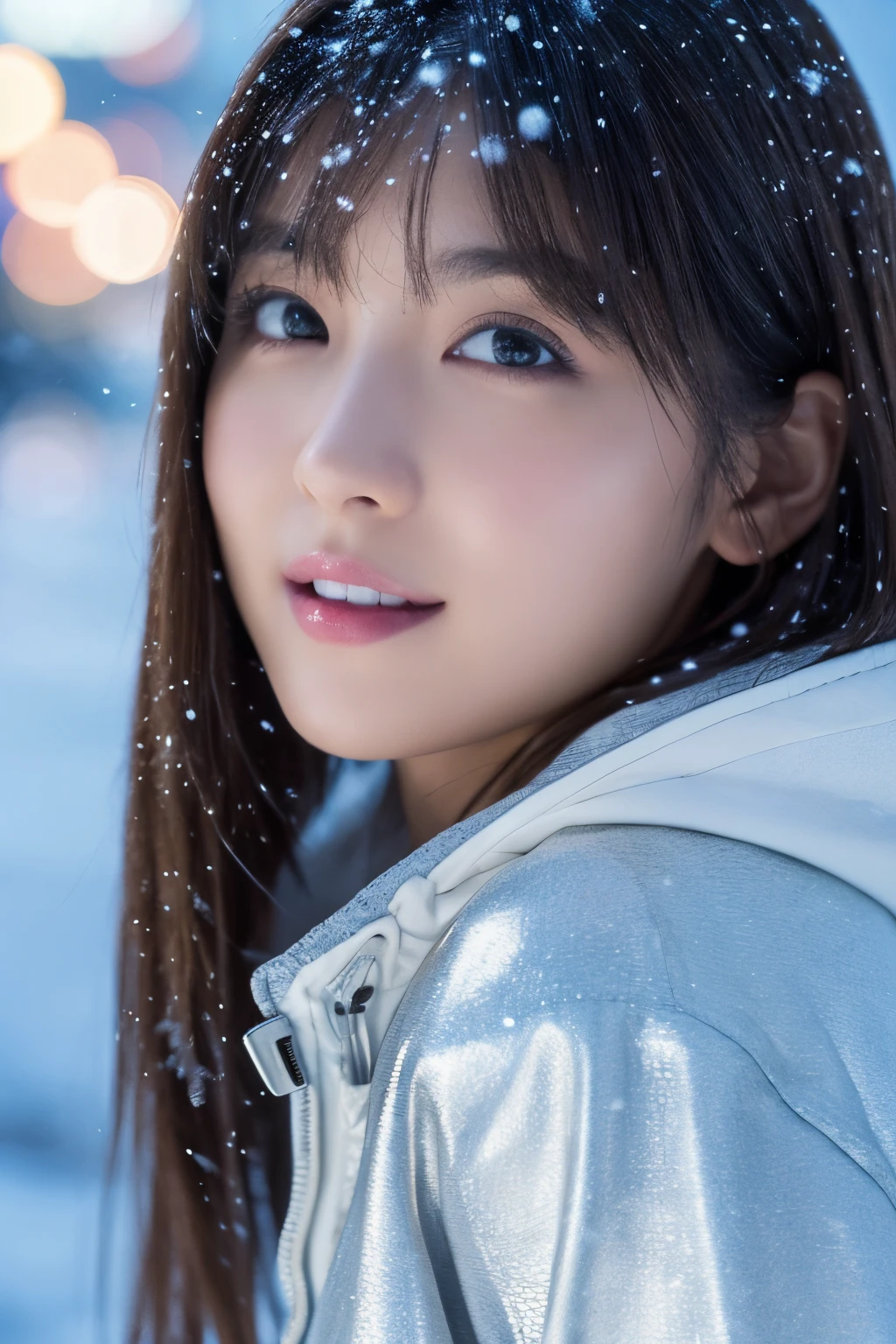 1girl in, (wear a platinum coat:1.2), (Raw photo, Best Quality), (Realistic, Photorealsitic:1.4), masutepiece, Extremely delicate and beautiful, Extremely detailed, 2k wallpaper, amazing, finely detail, the Extremely Detailed CG Unity 8K Wallpapers, Ultra-detailed, hight resolution, Soft light, Beautiful detailed girl, extremely detailed eye and face, beautiful detailed nose, Beautiful detailed eyes, Cinematic lighting, Illuminations coloring the city on a snowy night, Snowy landscape, It's snowing, Snow in the hair, Perfect Anatomy, Slender body, Taut, 
Straight semi-long hair, Bangs, Looking at Viewer, A slight smil