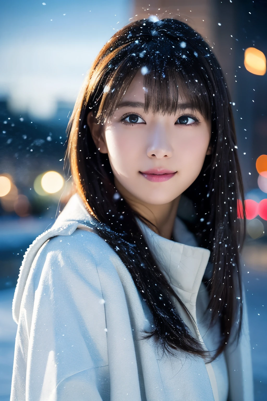 1girl in, (wear a platinum coat:1.2), (Raw photo, Best Quality), (Realistic, Photorealsitic:1.4), masutepiece, Extremely delicate and beautiful, Extremely detailed, 2k wallpaper, amazing, finely detail, the Extremely Detailed CG Unity 8K Wallpapers, Ultra-detailed, hight resolution, Soft light, Beautiful detailed girl, extremely detailed eye and face, beautiful detailed nose, Beautiful detailed eyes, Cinematic lighting, Illuminations coloring the city on a snowy night, Snowy landscape, It's snowing, Snow in the hair, Perfect Anatomy, Slender body, Taut, 
Straight semi-long hair, Bangs, Looking at Viewer, A slight smil