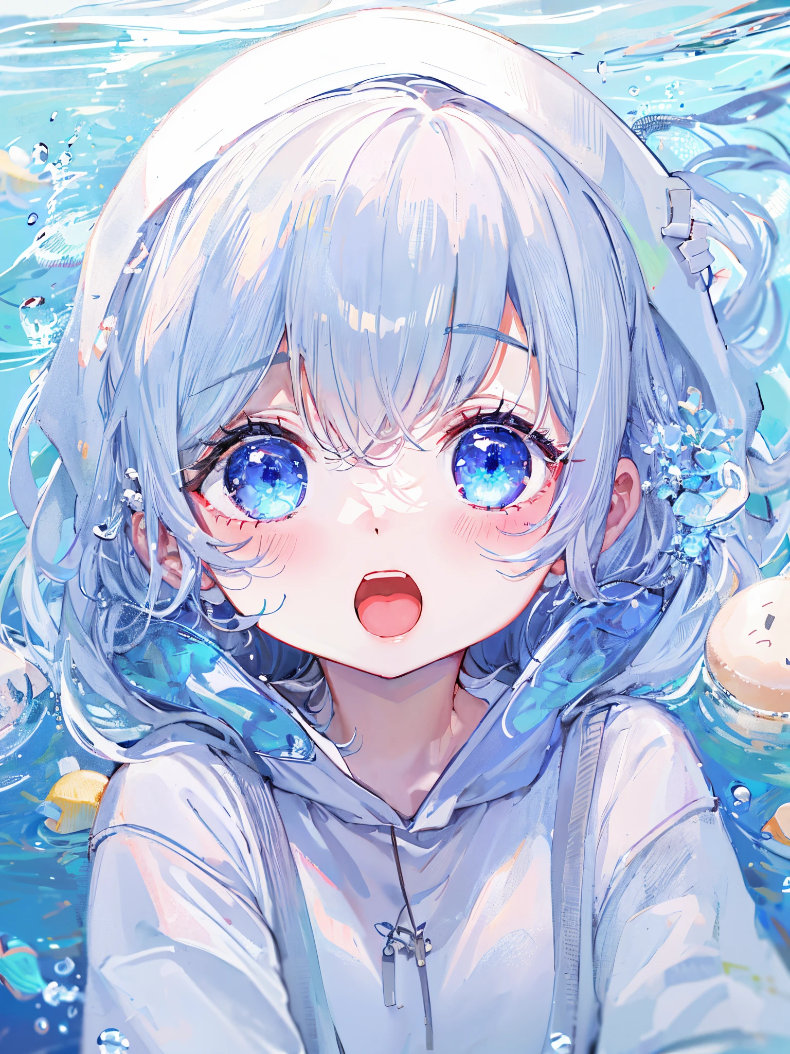 ((top-quality)), ((​masterpiece)), ((ultra-detailliert)), (Extremely delicate and beautiful), girl with, 独奏, cold attitude,((White hoodie)),She is very(relax)with  the(Settled down)Looks,depth of fields,Evil smile,Bubble, under the water, Air bubble,Underwater world bright light blue eyes,inner color with bright gray hair and light blue tips,,,,,,,,,,,,,,,,,,,,,,Cold background,Bob Hair - Linear Art, shortpants、knee high socks、White uniform like school uniform、Light blue ribbon ties、Clothes are sheer、The hand in my right pocket is like a sapphire,Fronllesse Blue, A small blue light was floating、fantastic eyes、selfy,Self-shot、Bangs fall on the eyes, give a sexy impression.